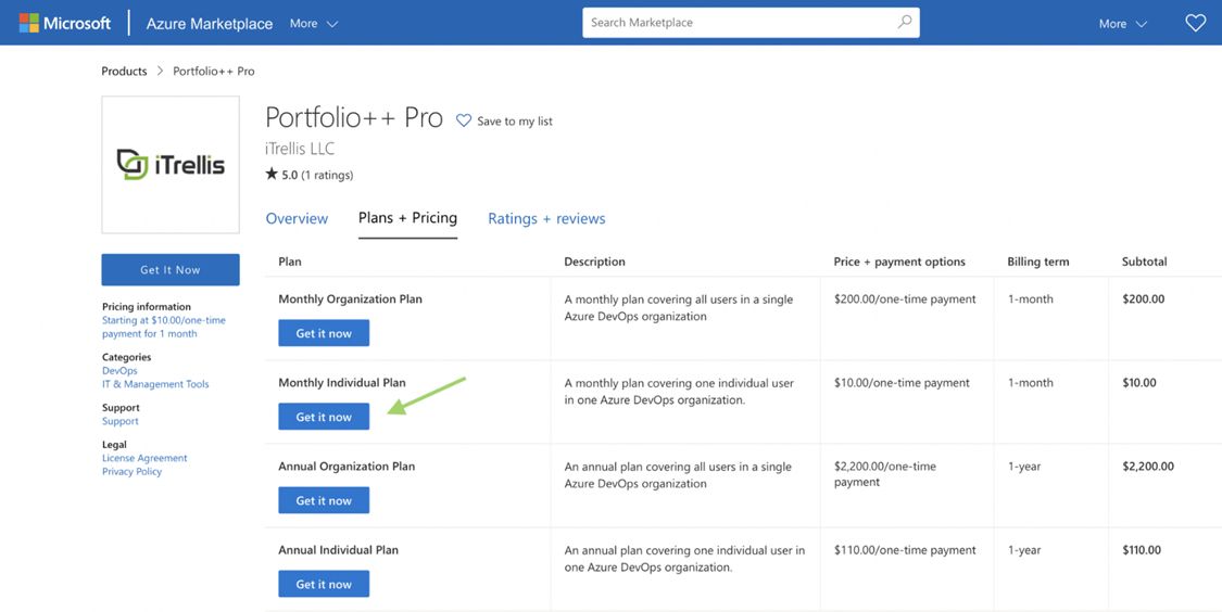 Select plan in Azure Marketplace