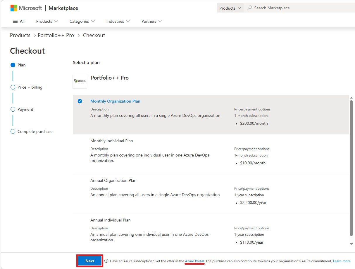 Select plan in Azure Marketplace