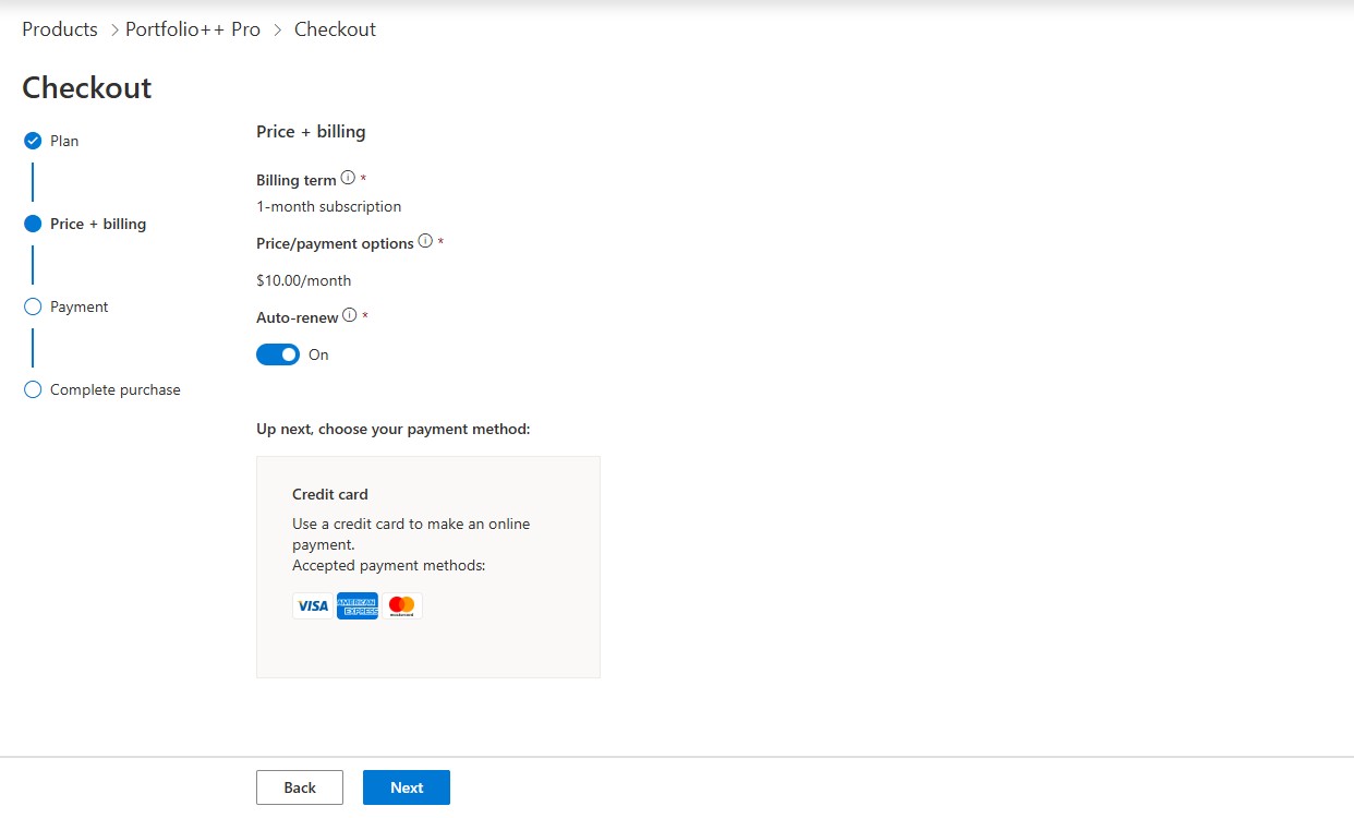 Price + billing page